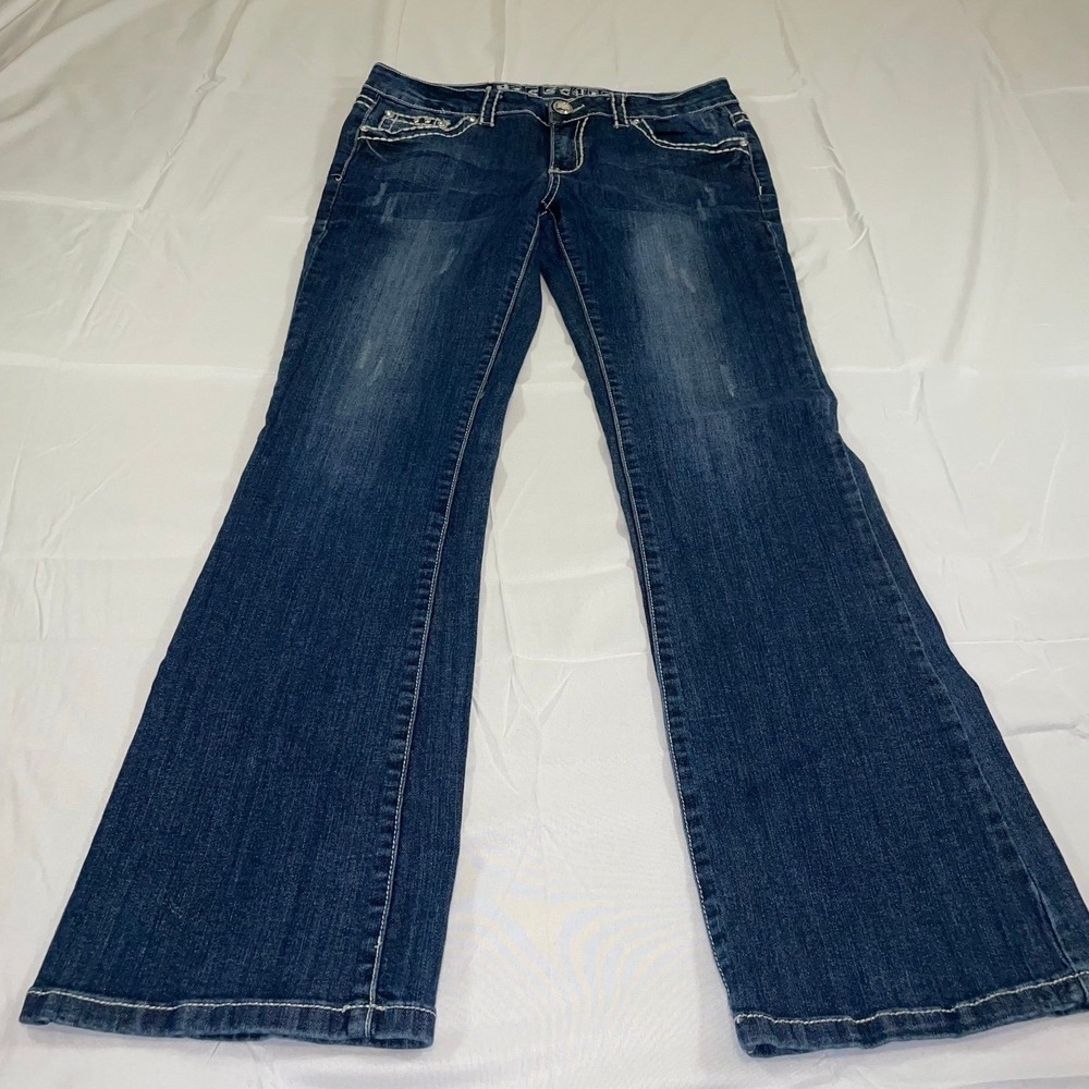 Miss Chic Women Bootcut Jeans Size 13 Dark Wash Rhinestone Fleur De Lis‎ MC1902C